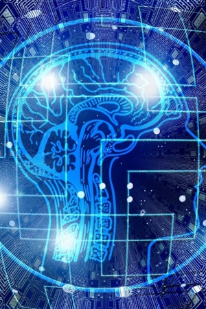 Na imagem aparecem ligações entre pontos brilhantes, em vários tons de azul-esbranquiçados, por cima de um circulo onde está uma cabeça com um cérebro como se fosse um raio-x.